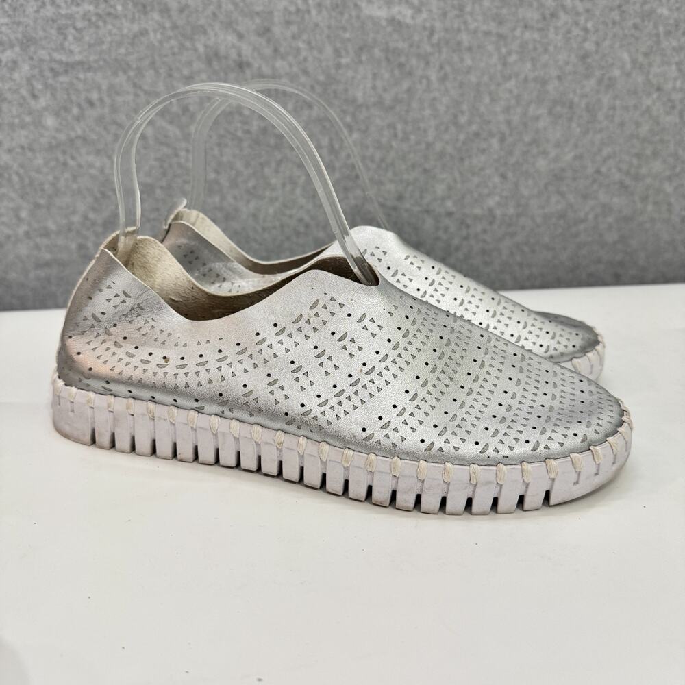 Ilse Jacobsen Tulip Slip-On Sneakers Sz 38 US 8 Silver Metallic Laser Cut Out